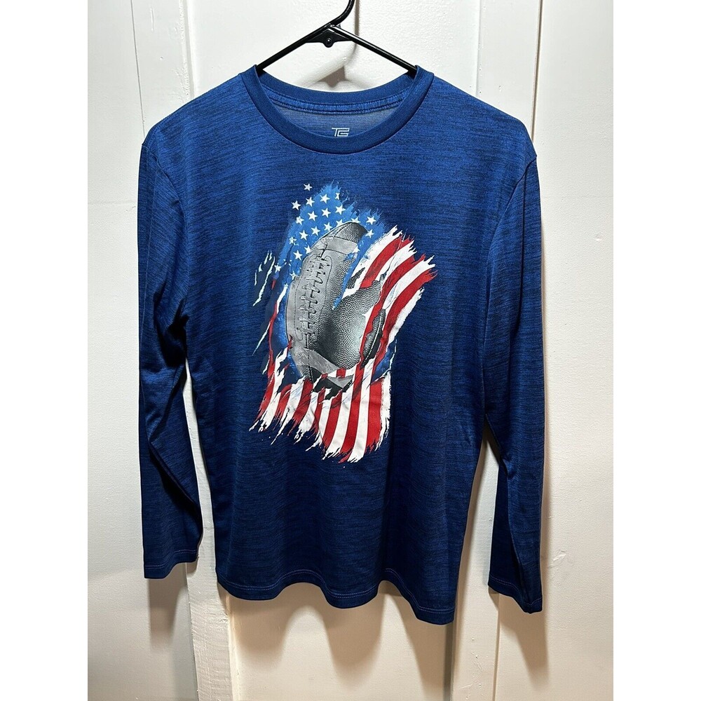 Tek Gear American Flag Football Boys Navy Blue Rash Guard Long Sleeve Shirt XL